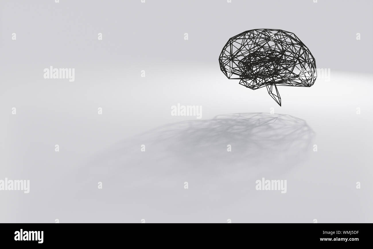 3d render of minimalist grid black brain network with long shadows on white gray background. Stock Photo