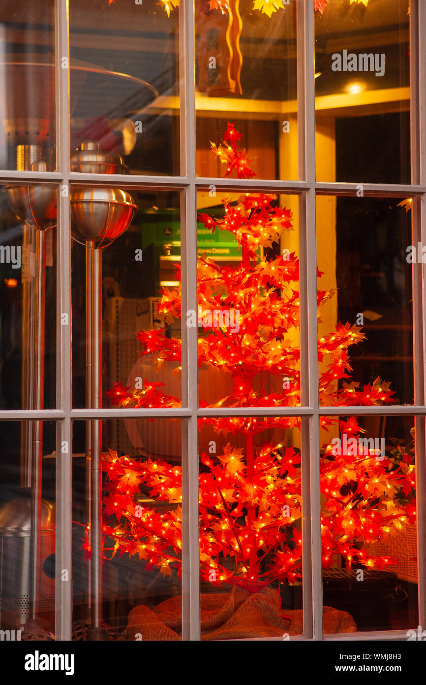 Stowe, VT, USA Oct 8, 2004 Decorated Christmas tree in village store