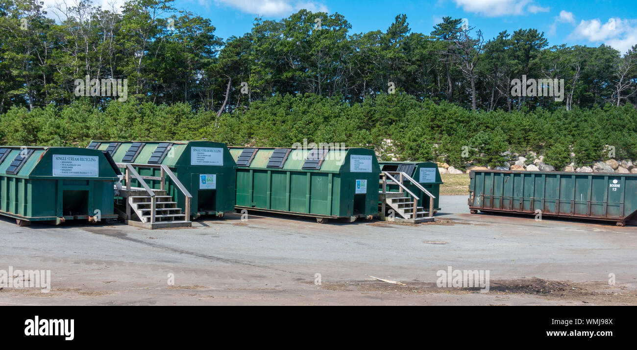 Single Stream recycling containers for glass, plastic and paper at US landfill at the Bourne Integrated Solid Waste Management facility Stock Photo