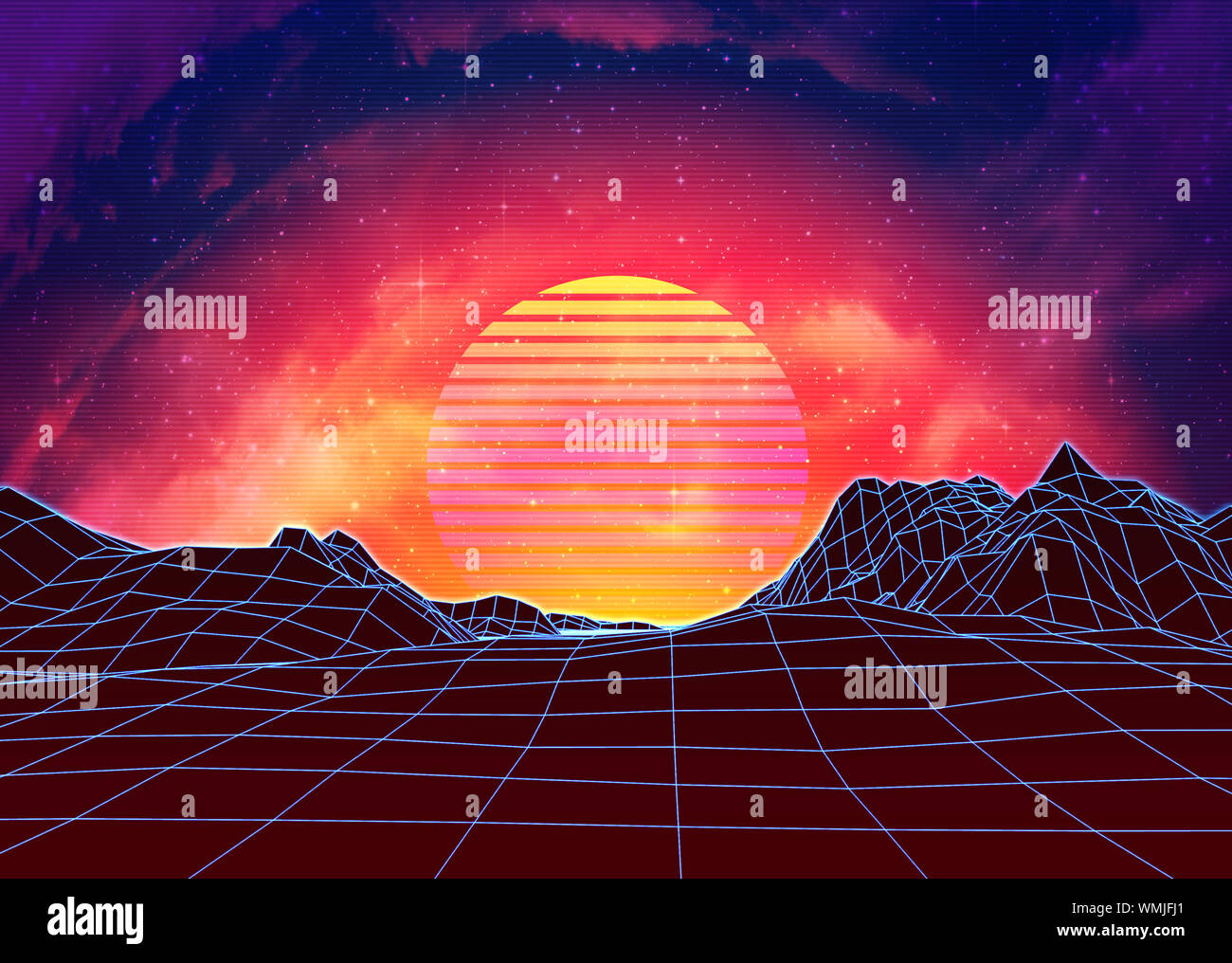 Neon glowing grid rocks, retro futuristic landscape design Stock Photo ...