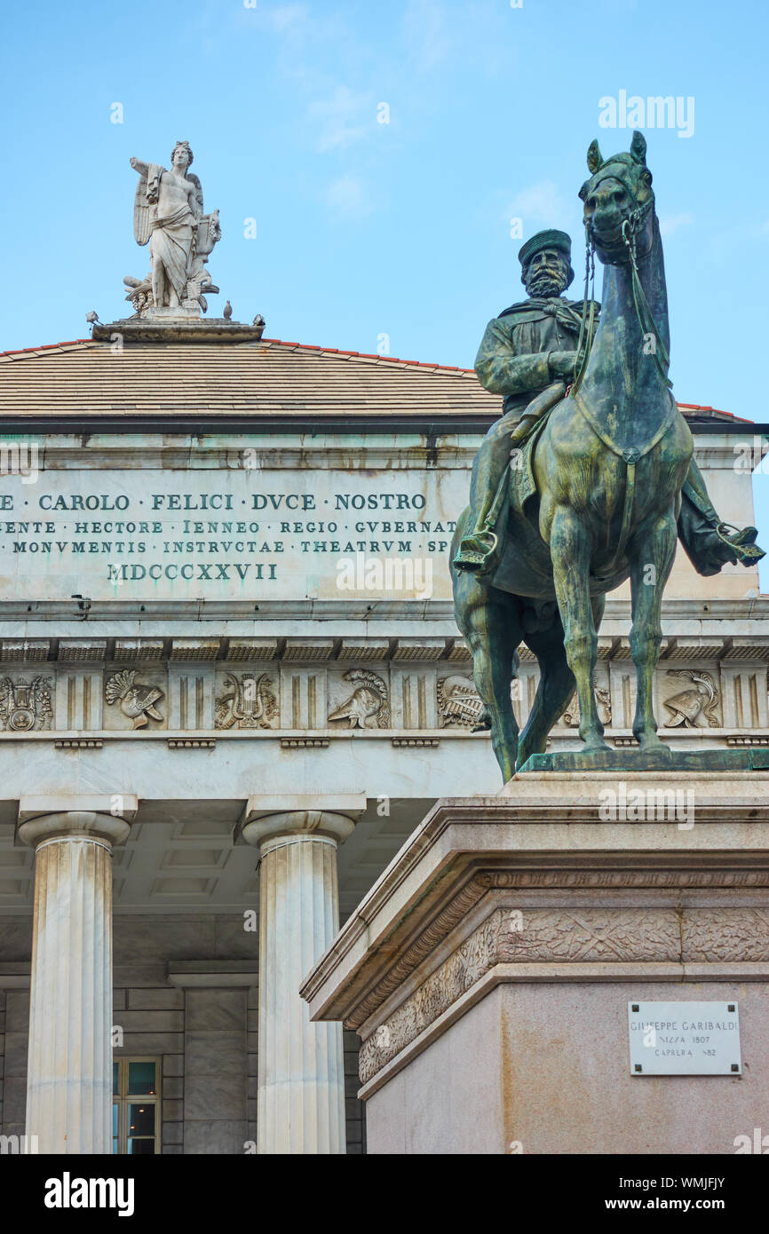Equestian statue of Giuseppe Garibaldi and opera-house in De Ferrari square in Genoa Stock Photo