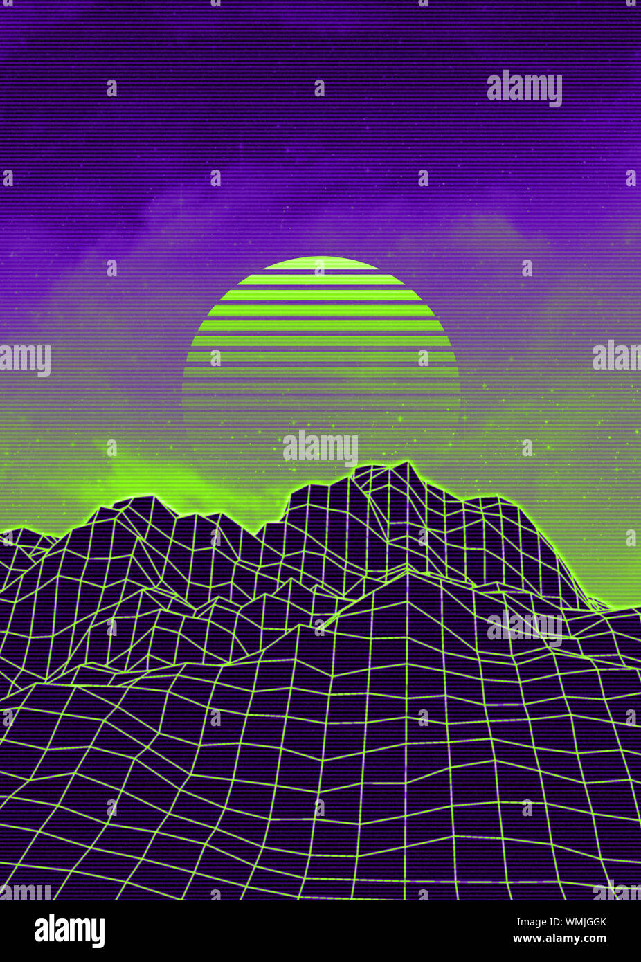 Neon glowing grid rocks, retro futuristic landscape design Stock Photo ...
