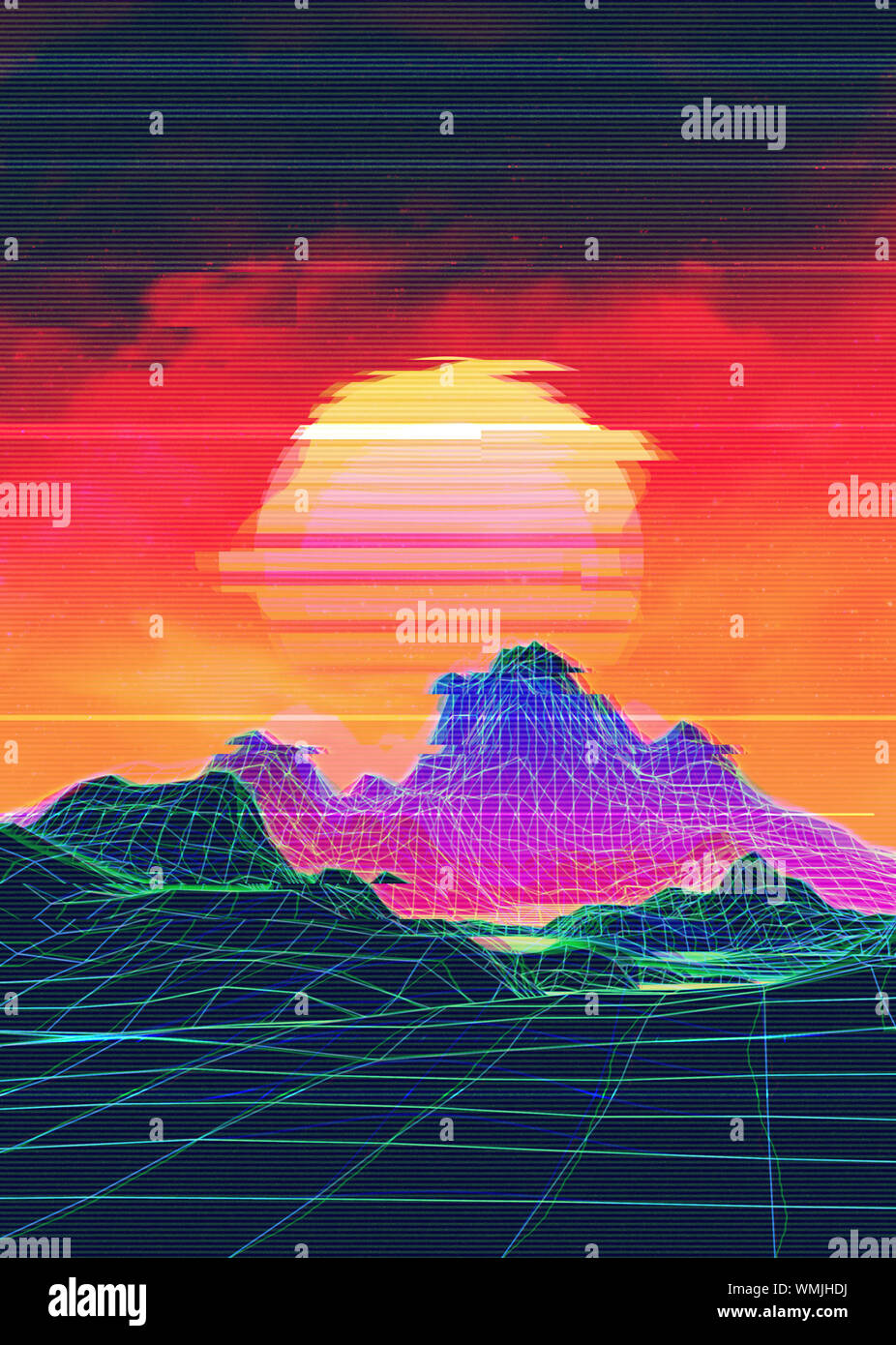 Neon glowing grid rocks, retro futuristic landscape design Stock Photo ...
