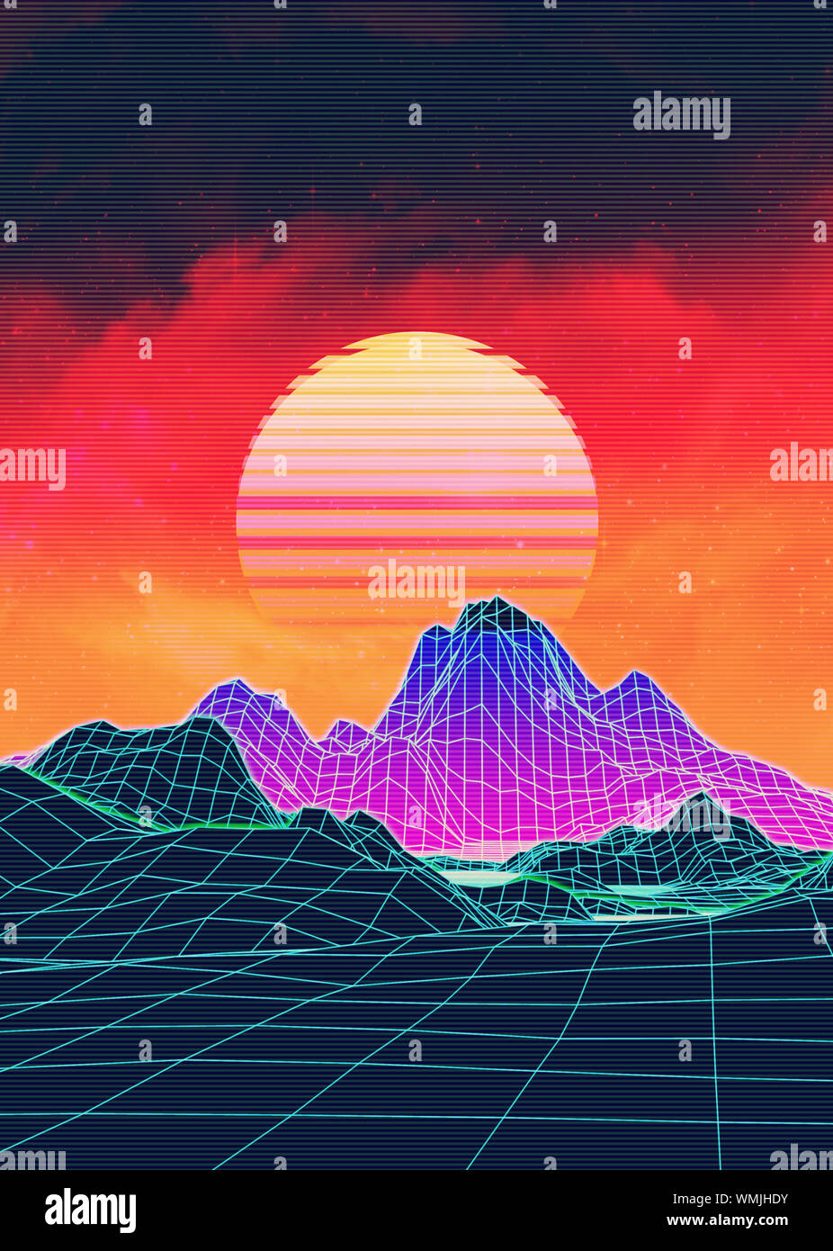 Neon glowing grid rocks, retro futuristic landscape design Stock Photo ...