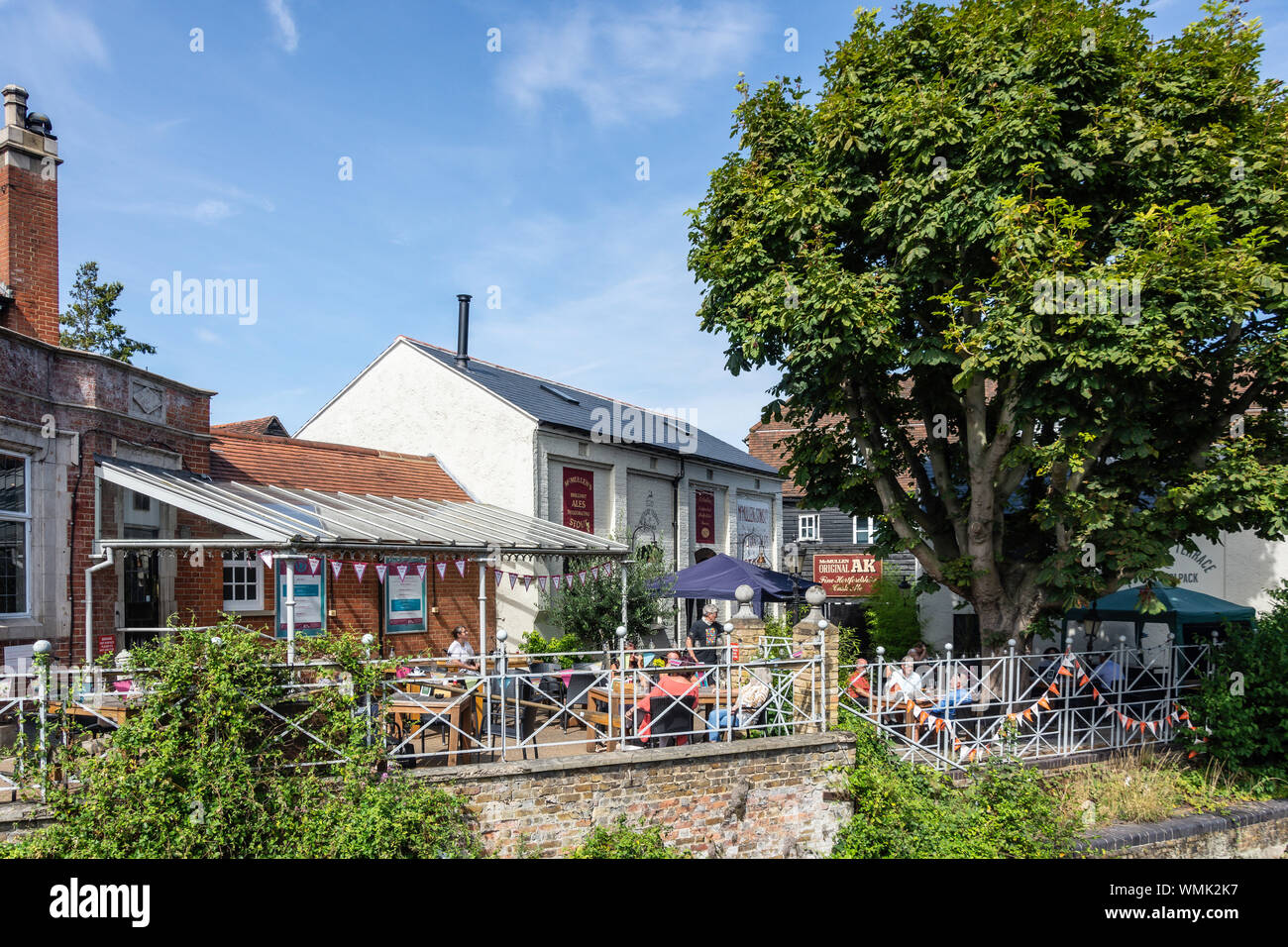 The Woolpack Pub riverside terrace, Hertford, Hertfordshire, England
