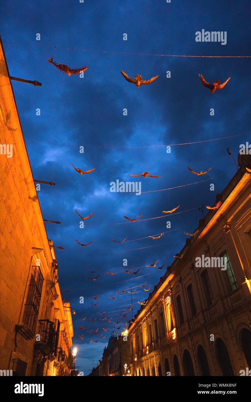Low Angle View Of Bird Art Decors Hanging Amidst Buildings Against Cloudy Sky At Dusk Stock Photo
