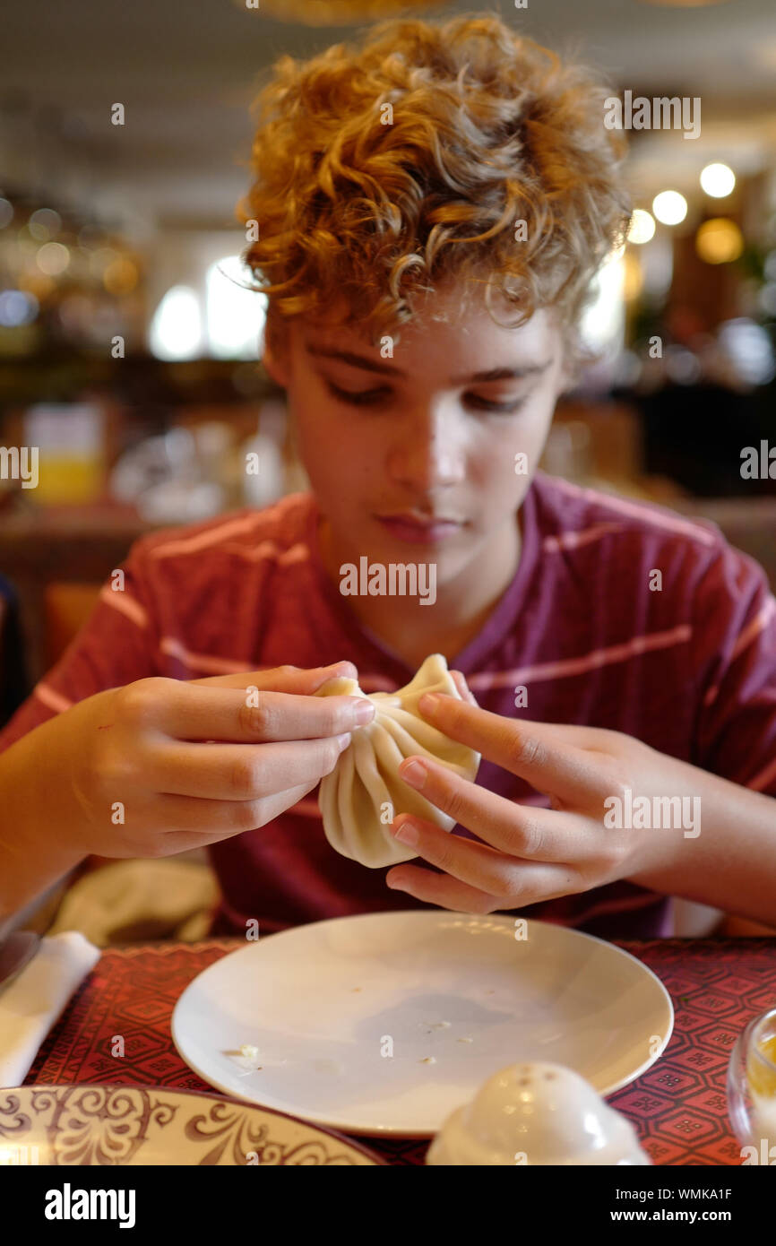 Teenage Boy Having Food At Restaurant Stock Photo - Alamy