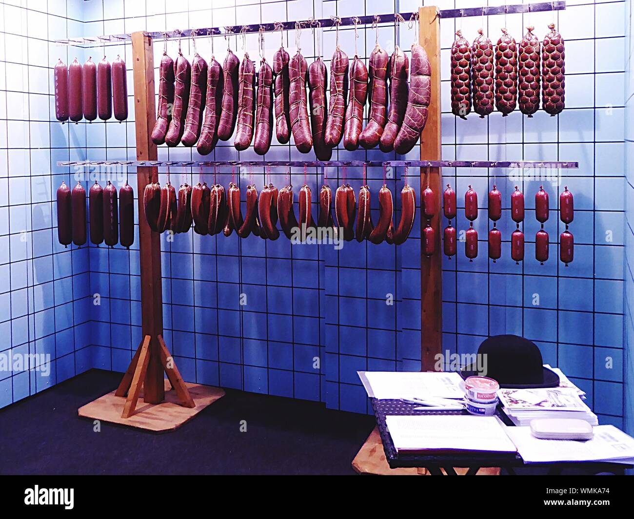 Sausages Hanging At Butcher Shop Stock Photo Alamy