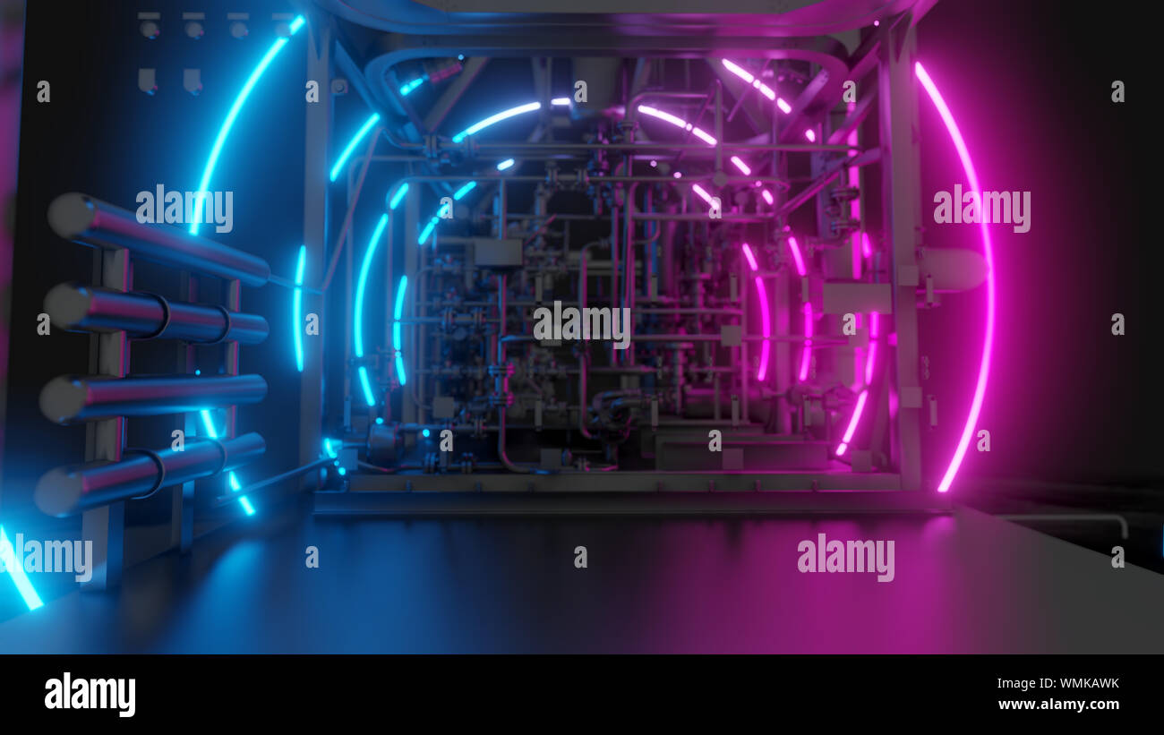 Abstract Industrial Equipment with Neon Lights. Ultraviolet light. 3D