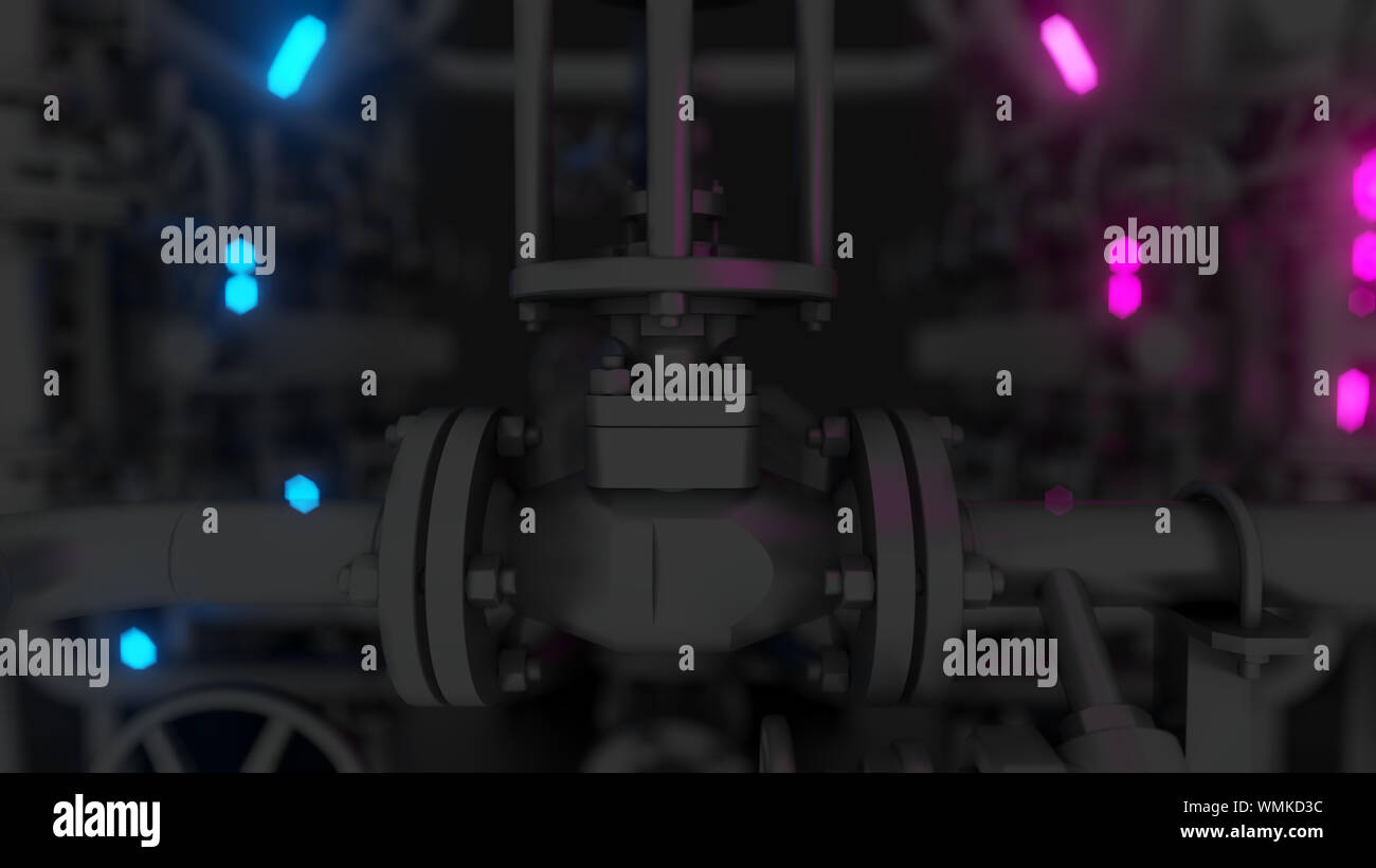 Abstract Industrial Equipment with Neon Lights. Ultraviolet light. 3D