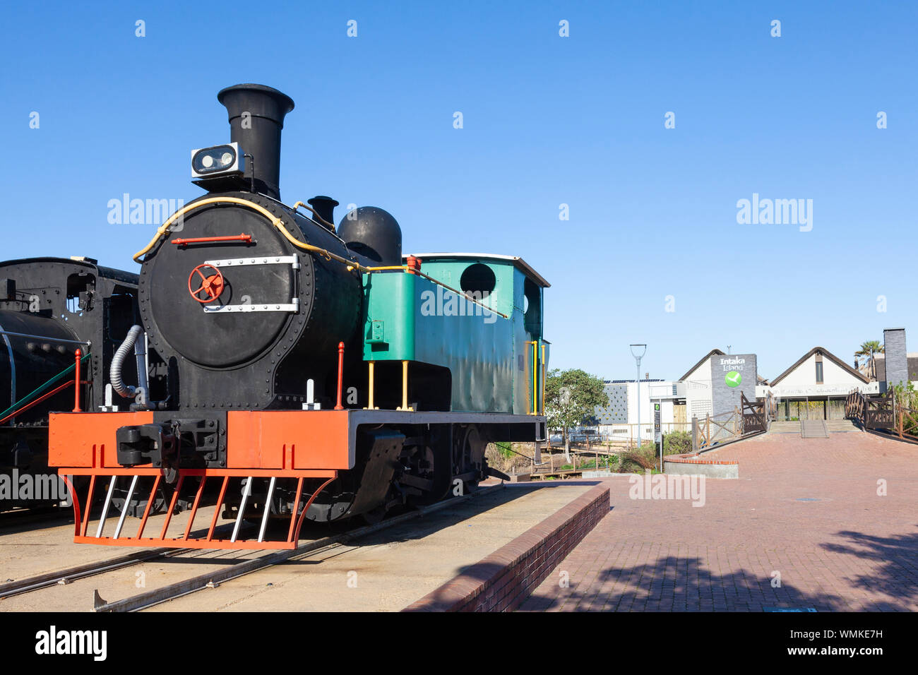 Display of vintage steam engines at the entrance to Intaka Island and