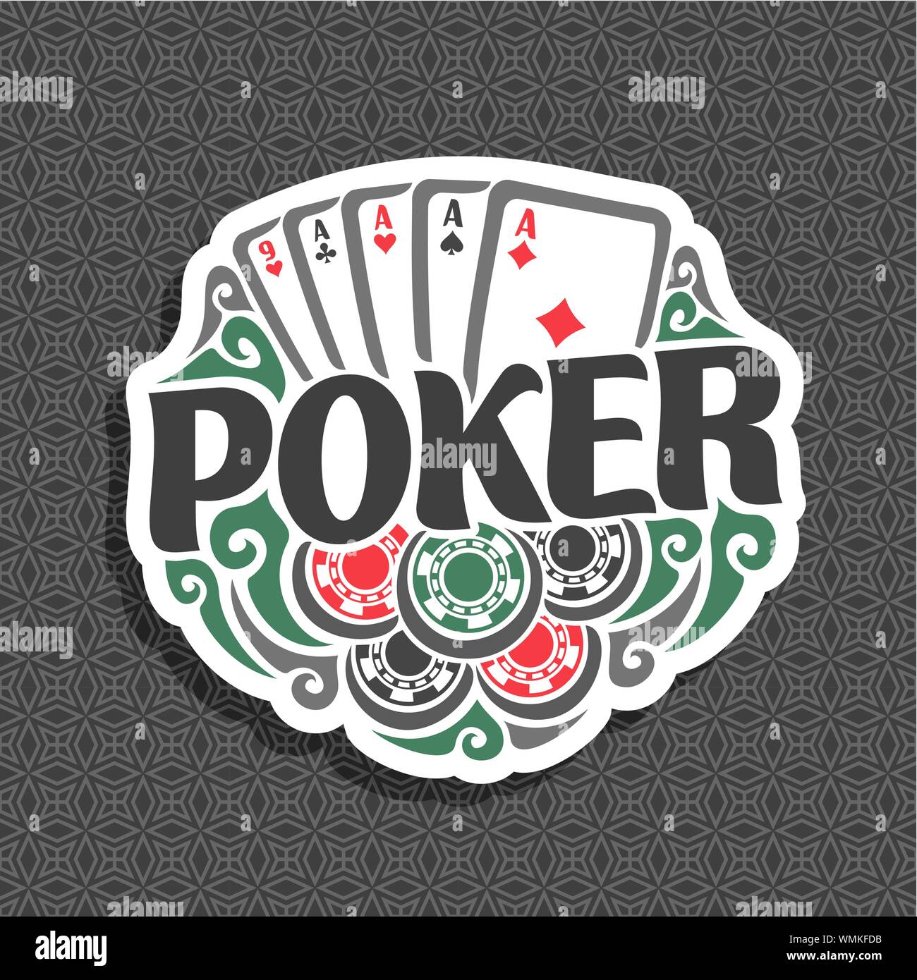 Vector logo for Poker: five playing cards of aces different suits and casino ckips for gambling game holdem poker. Stock Vector