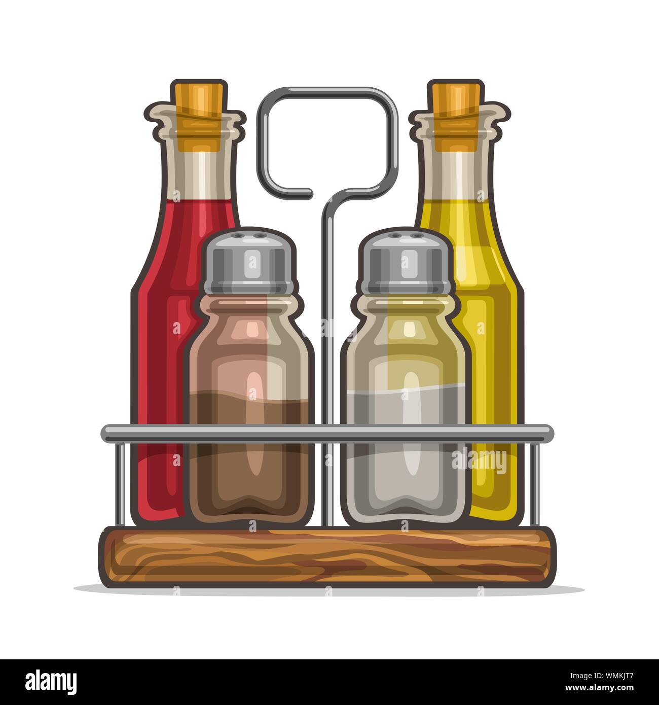 Vector illustration of Set glass Shakers for salt and pepper, metal holder for bottles with olive oil and red wine vinegar. Stock Vector