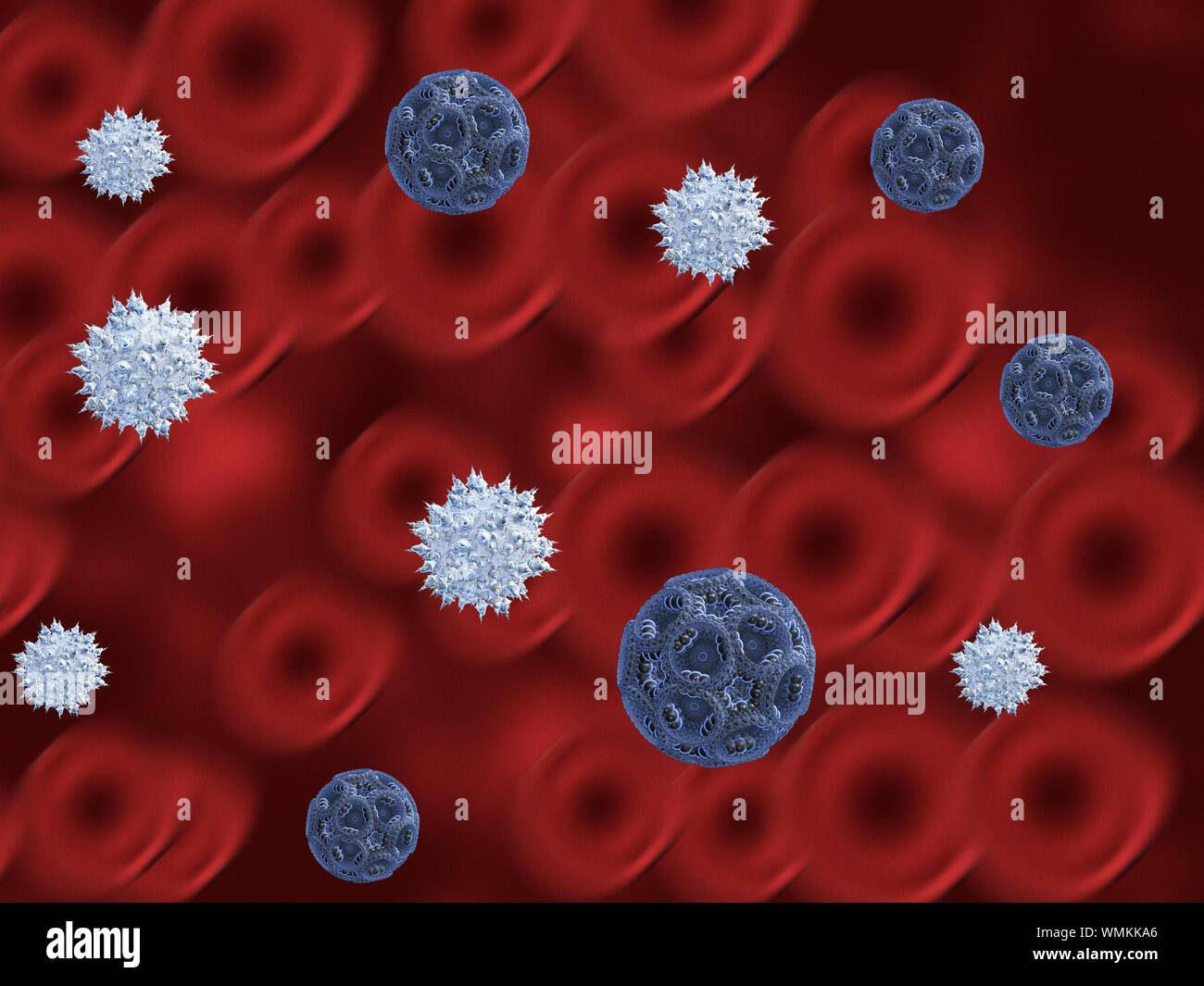 Abstract illustration of blue virus cells and red blood cells background. Stock Photo