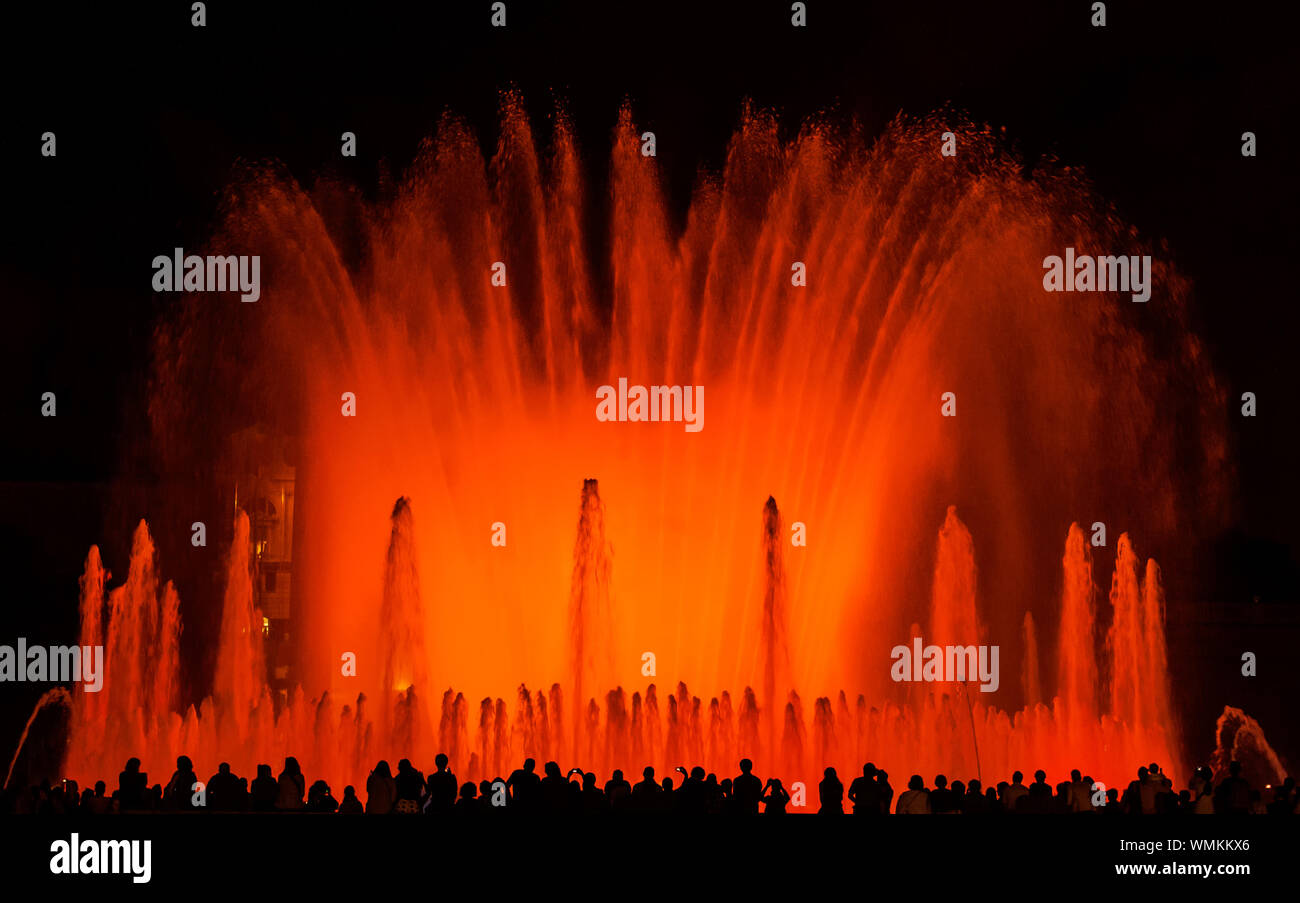Barcelona Spain fountain color evening show lights Stock Photo