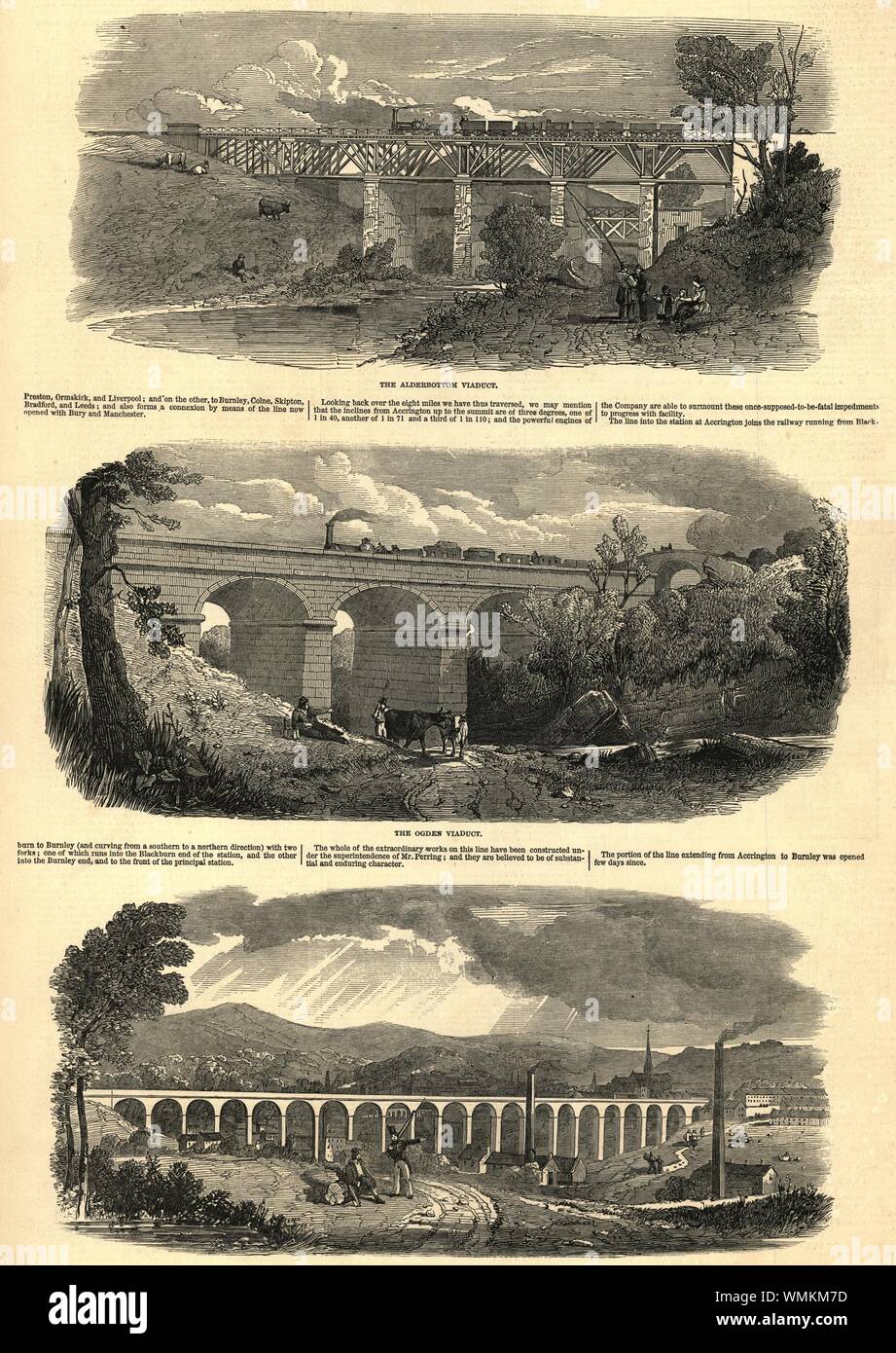 East Lancashire Railway: Alder Bottom, Ogden & Accrington viaducts 1848 Stock Photo