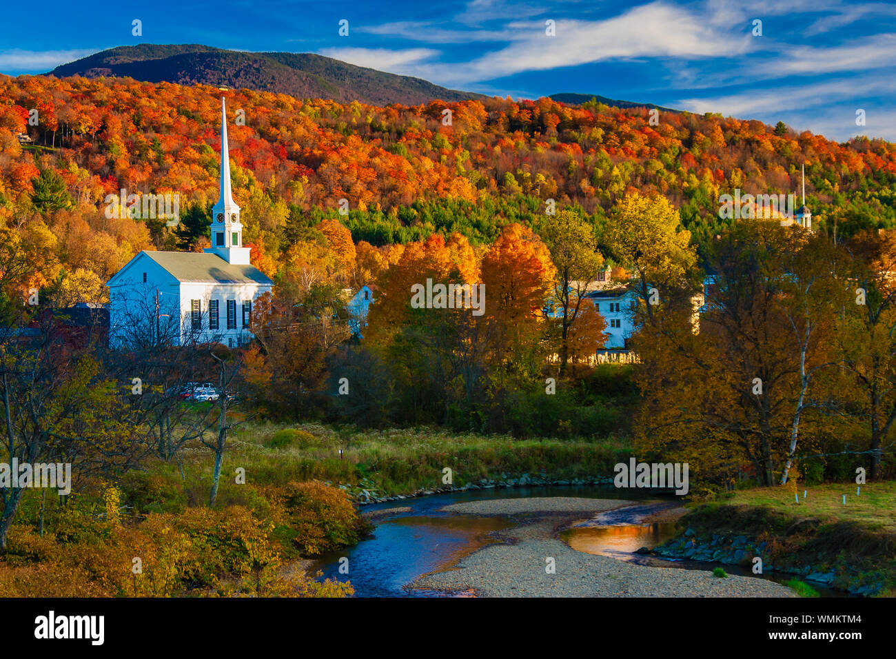 Fall Foliage and the Stowe Community Church, Stowe, Vermont, USA Stock