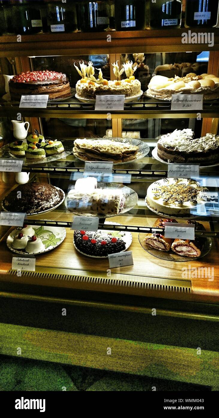 Cakes In Display Cabinet For Sale Stock Photo Alamy