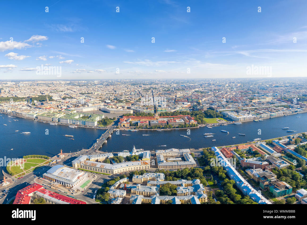 Aerial panoramic view of Neva river in Saint Petersburg, Russia. Hermitage, Admiralty, Saint Isaac's cathedral, Cabinet of curiosities and some other Stock Photo
