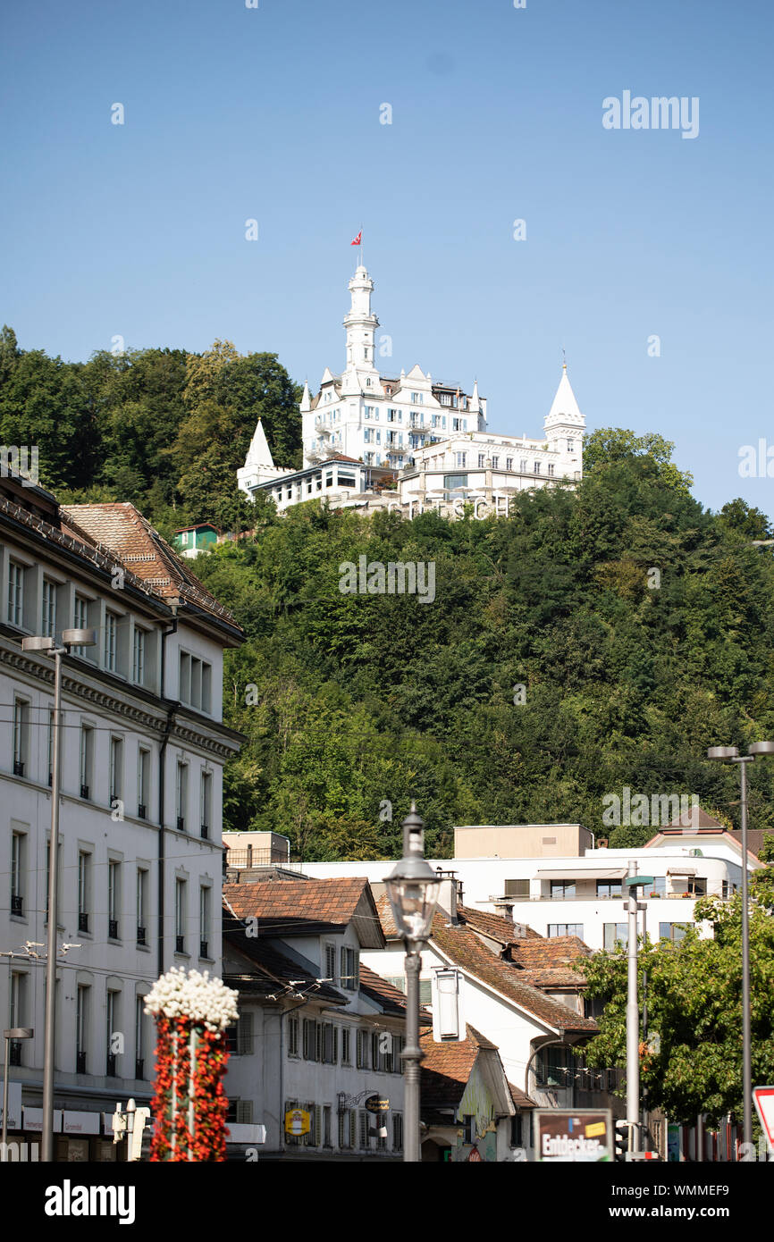 A view of the Hotel Chateau Gütsch in a nineteenth-century castle overlooking the city of Lucerne, Switzerland. Stock Photo