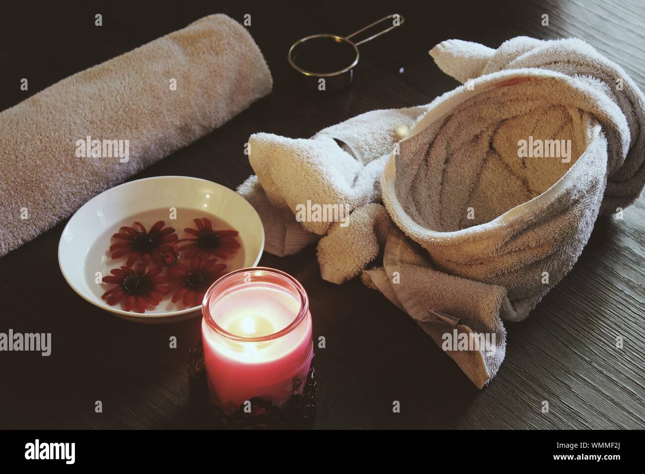 High Angle View Of Products For Spa Treatment On Table Stock Photo