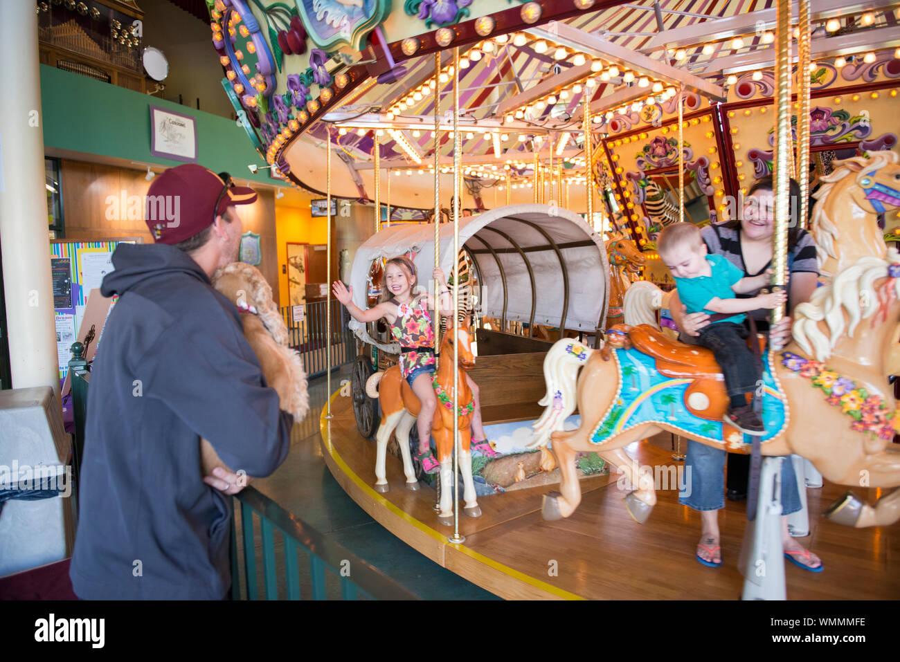 The Riverfront Carousel is located in Riverfront Park in Salem, Oregon. The hand-carved and painted animals on the carousel are made by volunteers. Stock Photo