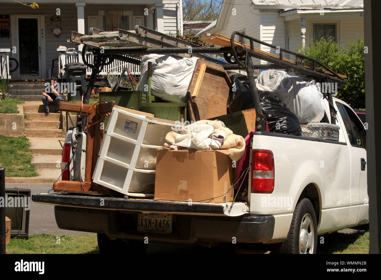 Renters moving. Items in pickup truck during moving process Stock