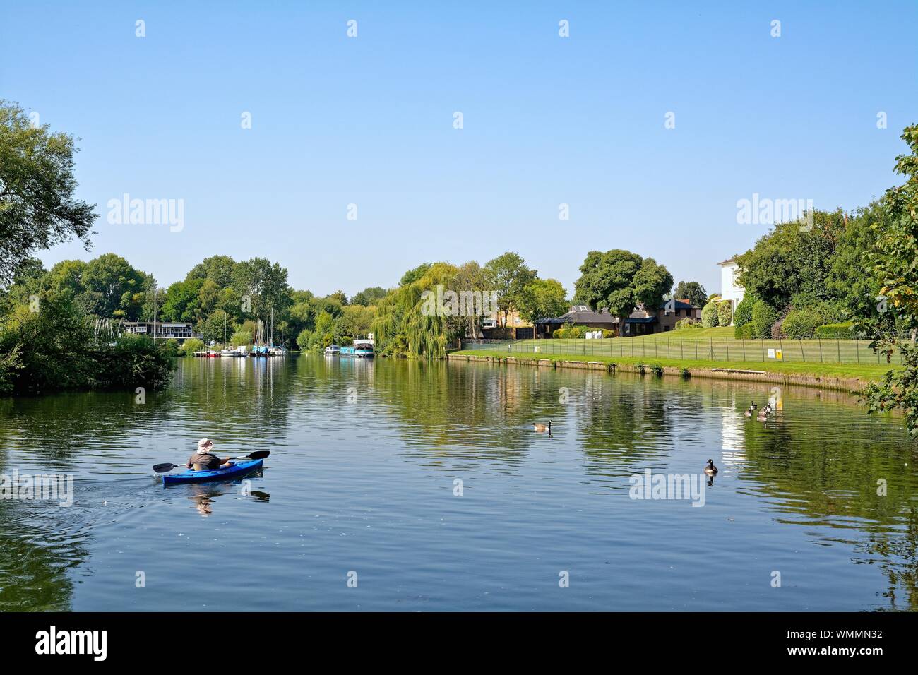 The riverside and River Thames at Shepperton on a sunny summers day