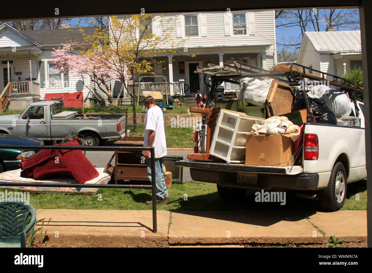 Renters moving. Items in pickup truck during moving process Stock