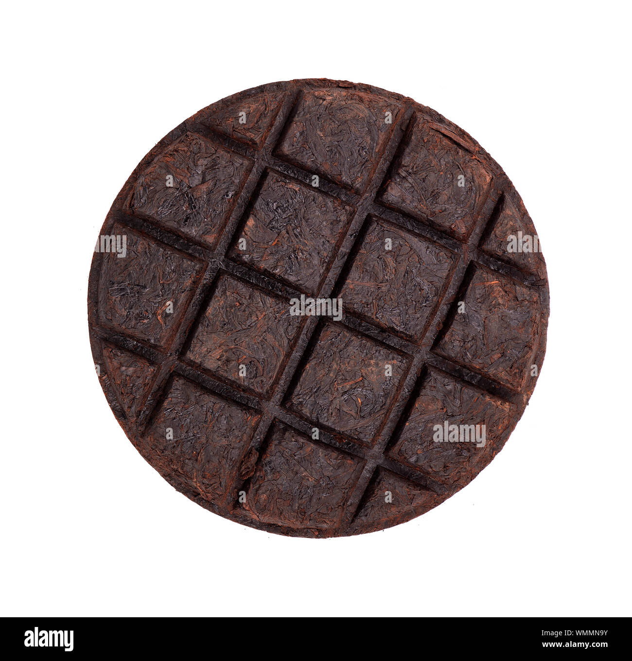 Round flat disc of puer tea isolated on white background. Chinese tea ...