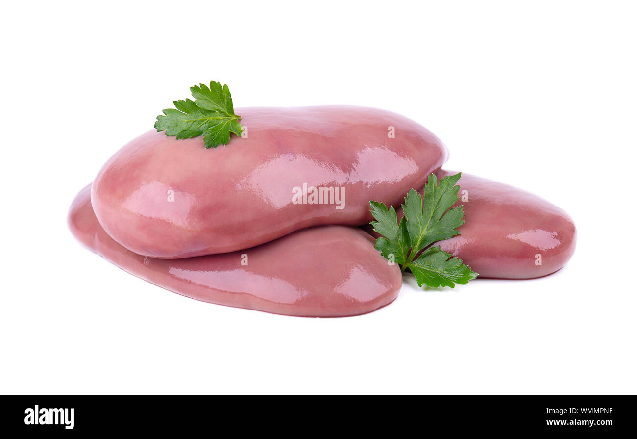 Pork kidney raw isolated on white background. Closeup. Pig kidney