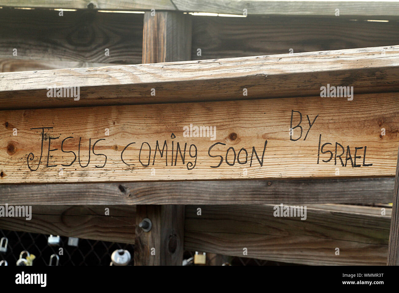 "Jesus coming soon" message on bridge in USA Stock Photo
