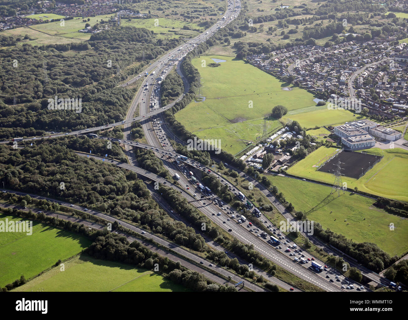 aerial view of traffic congestion at the junction of the M60 and M61 motorways west of Manchester Stock Photo