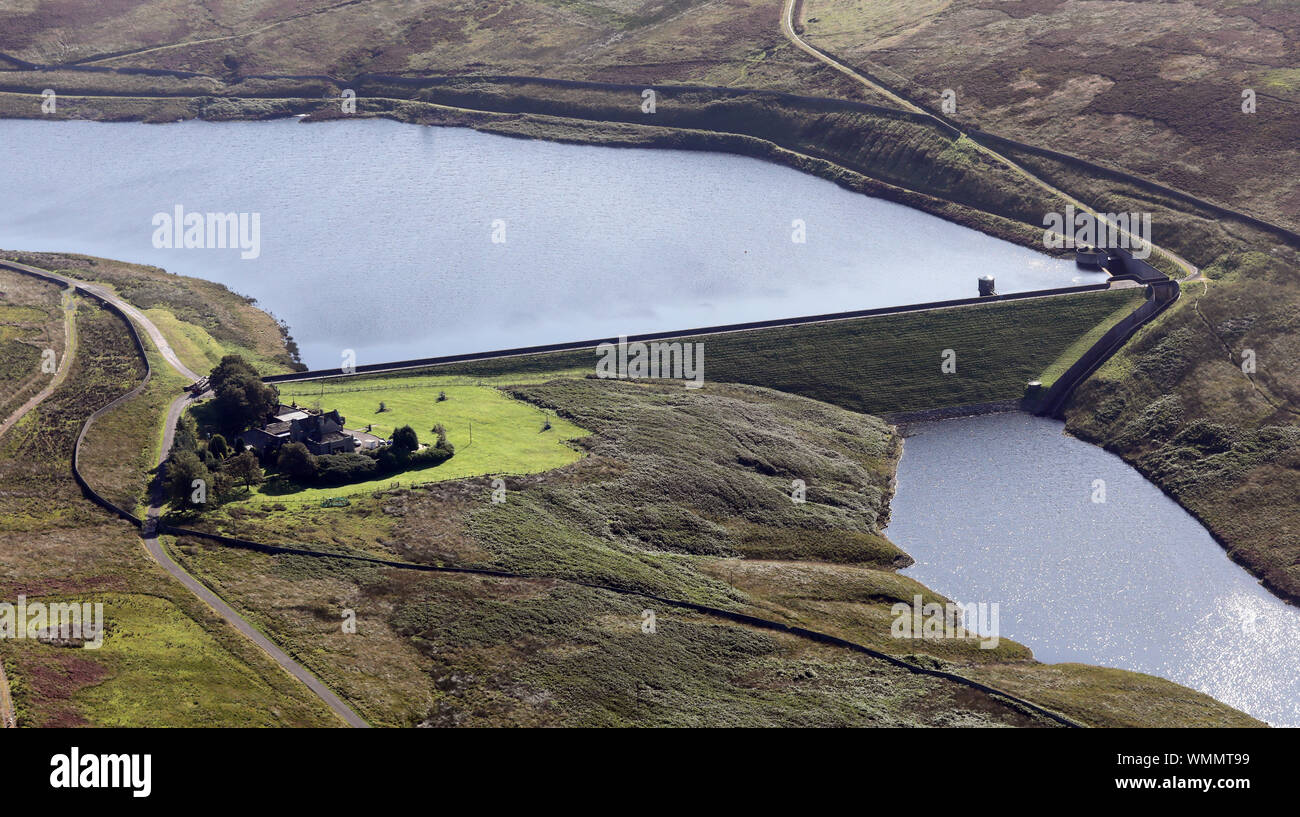 aerial view of Walshaw Dean Middle Reservoir (Lower Reservoir in foreground), Hebden Bridge Stock Photo