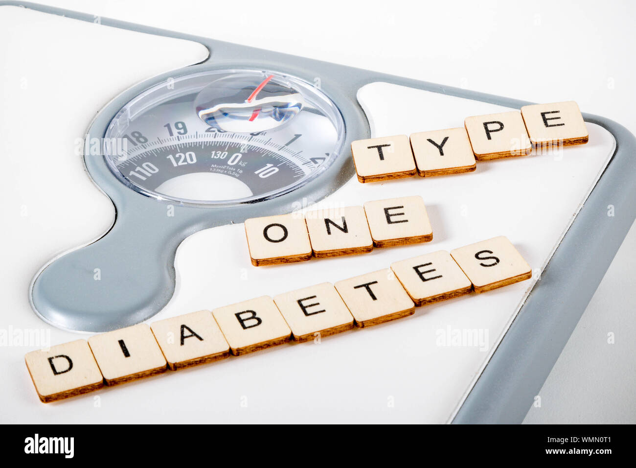 Healthcare concept showing bathroom scales and the message type one