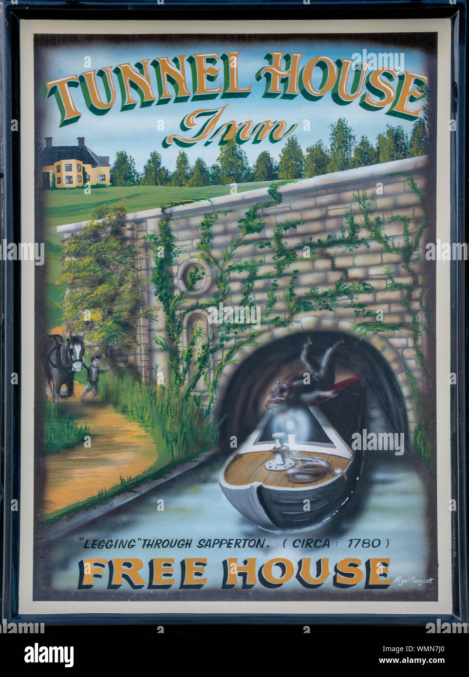 Historic Pub Sign of Tunnel House Inn at Sapperton, Gloucestershire, United Kingdom Stock Photo