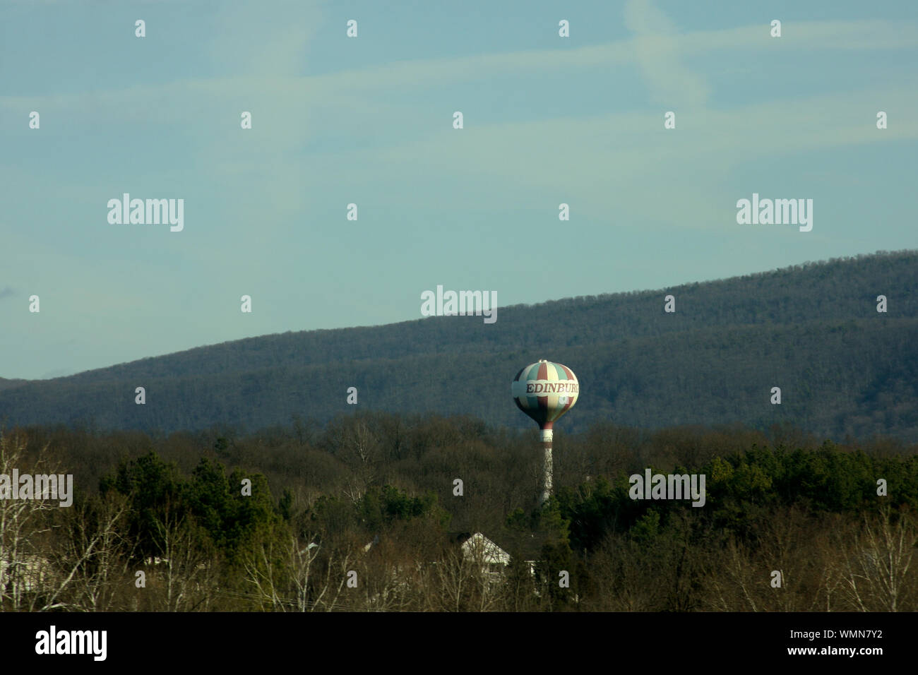 Water tower in Edinburg, VA, USA. Landscape on the Shenandoah Valley
