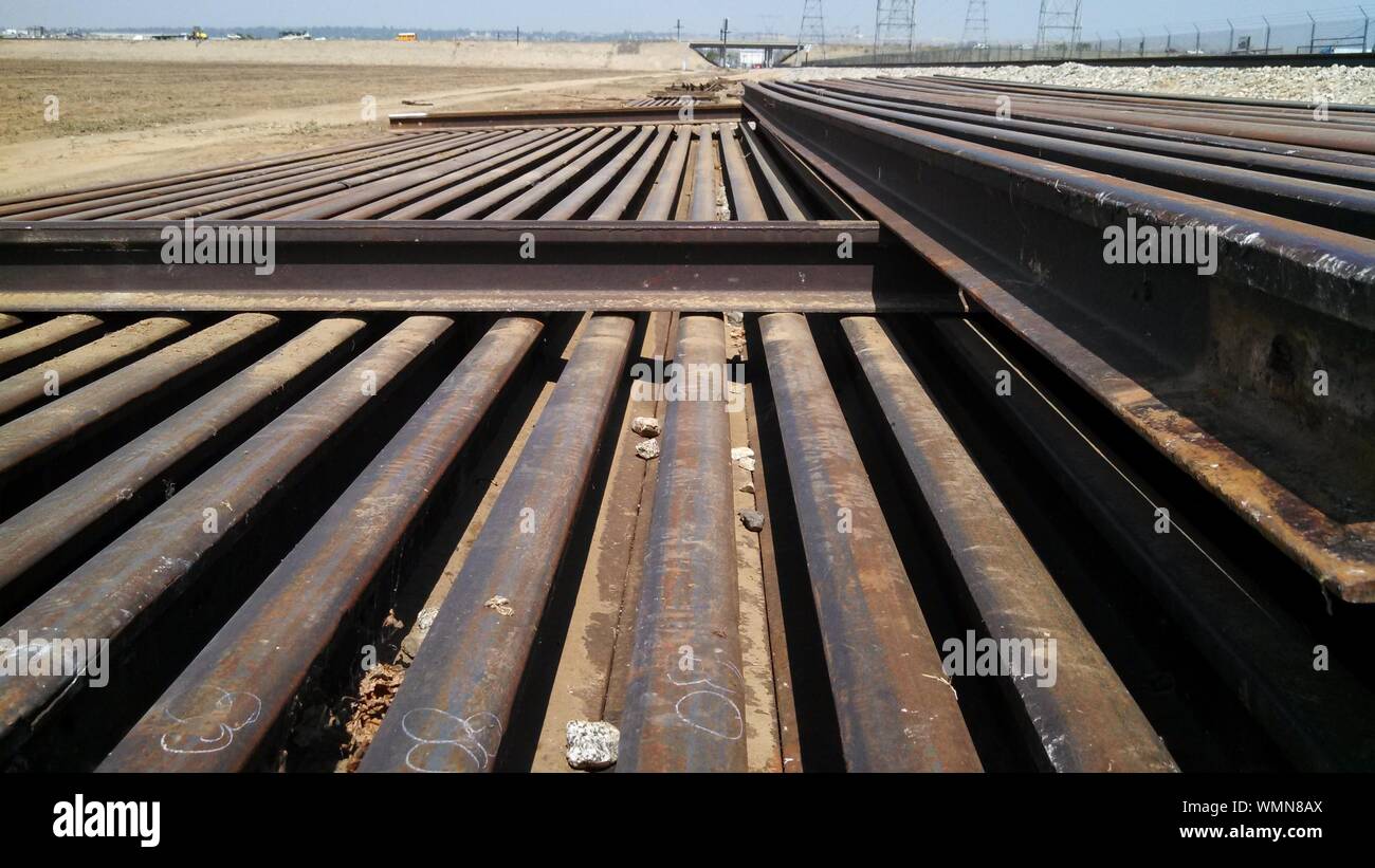 High Angle View Of Rusty Railroad Tracks At Shunting Yard Stock Photo