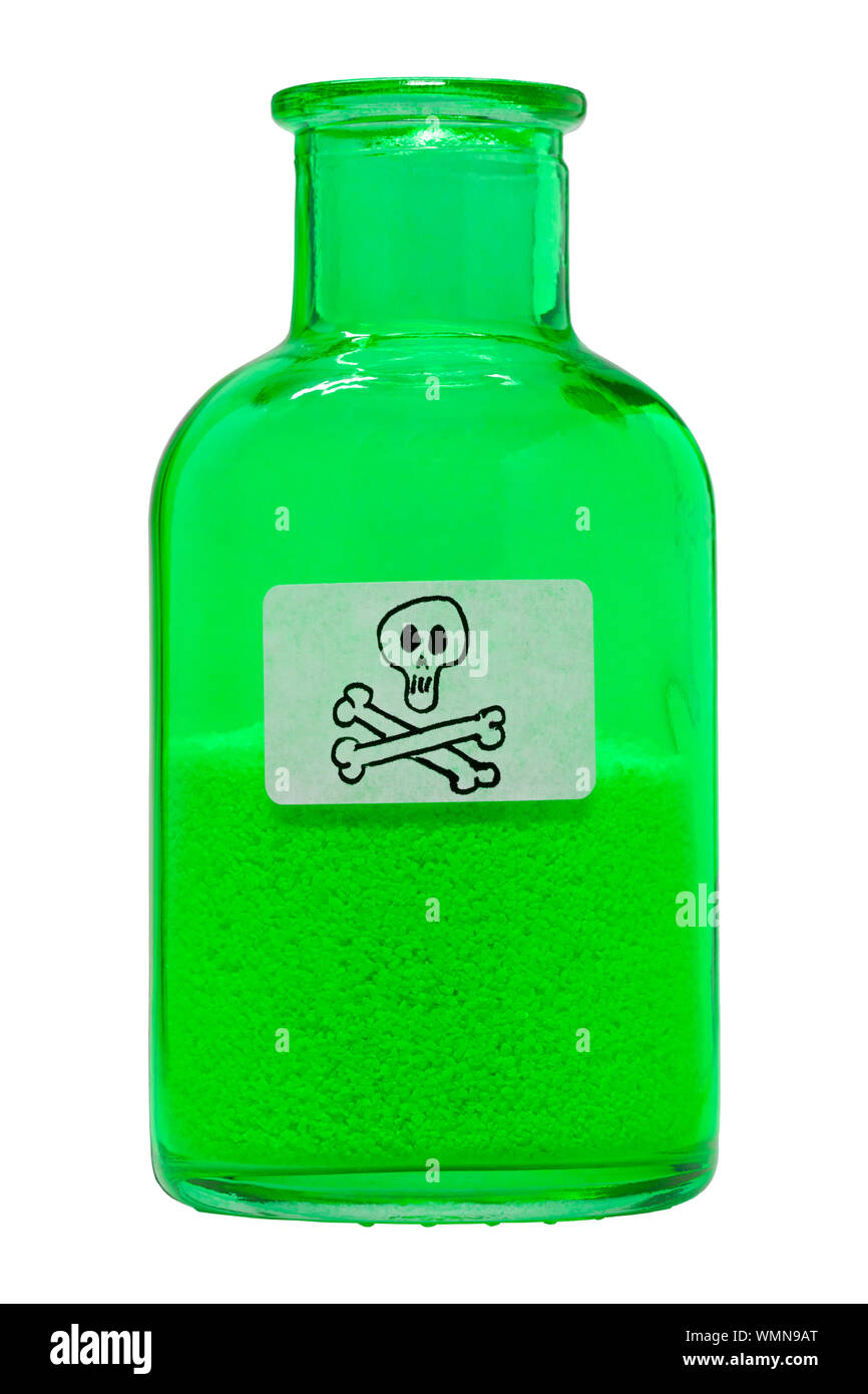 Closeup Of Green Poison Bottle Against White Background Stock Photo