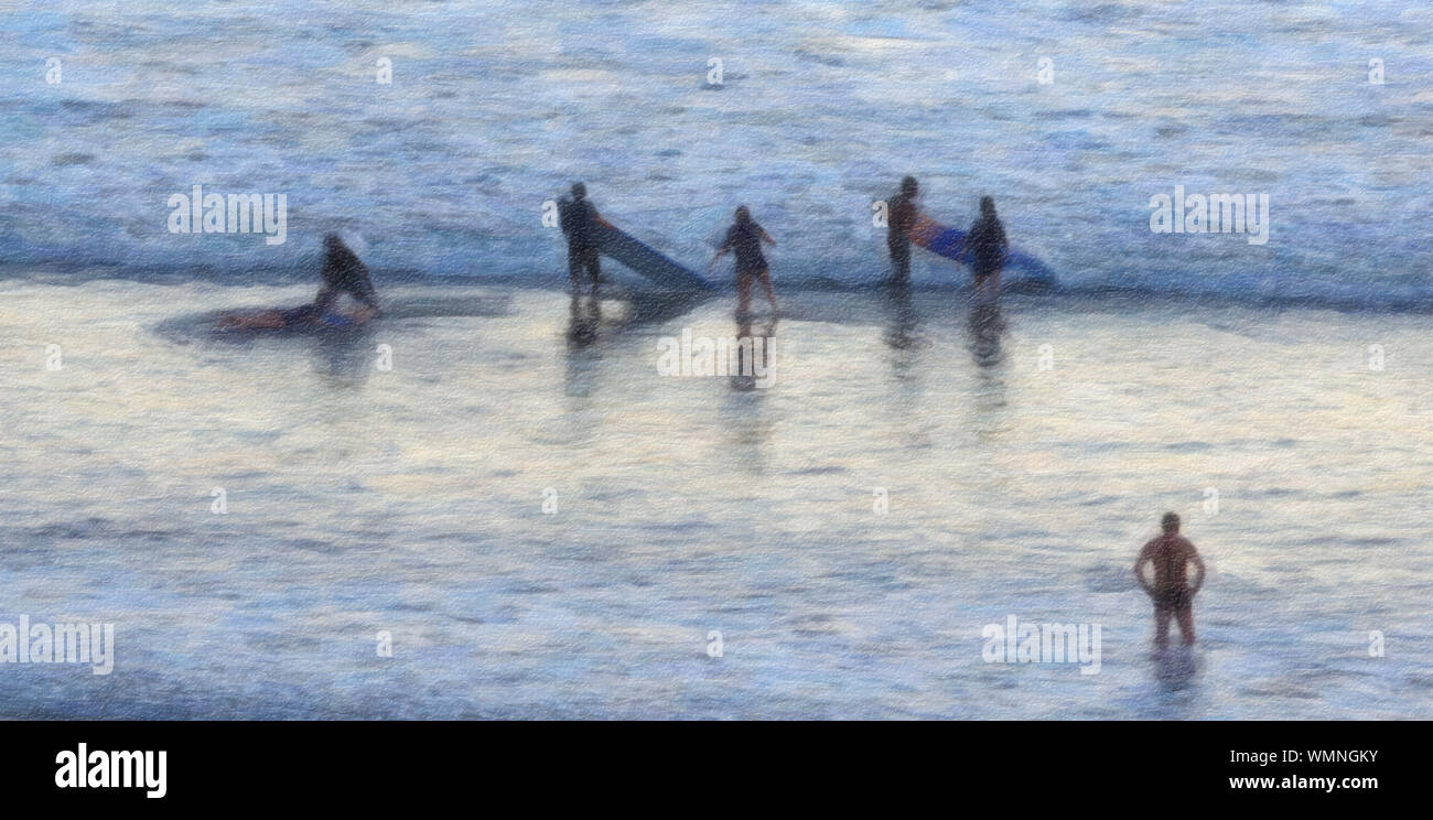 Digital oil painting effect surfers at the end of the day, Kuta Beach, Bali Stock Photo