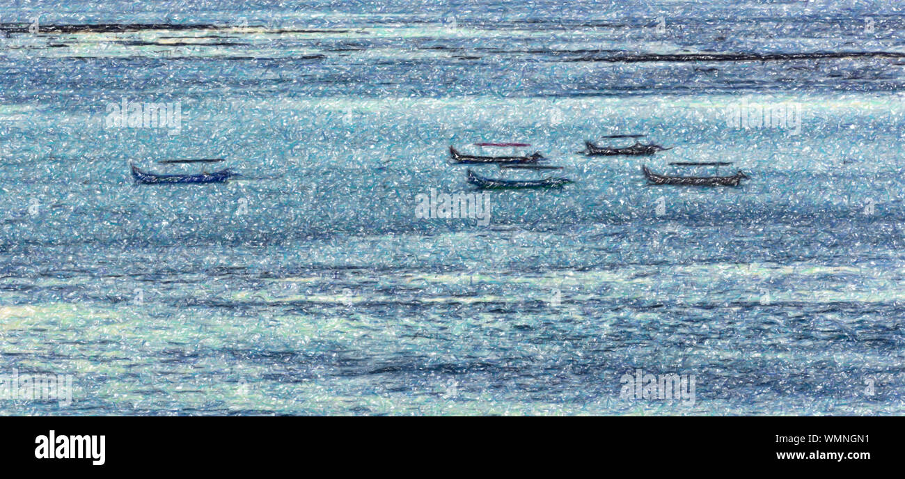 Digital art effect, pencil sketch of Balinese boats on the sea, evening light Stock Photo