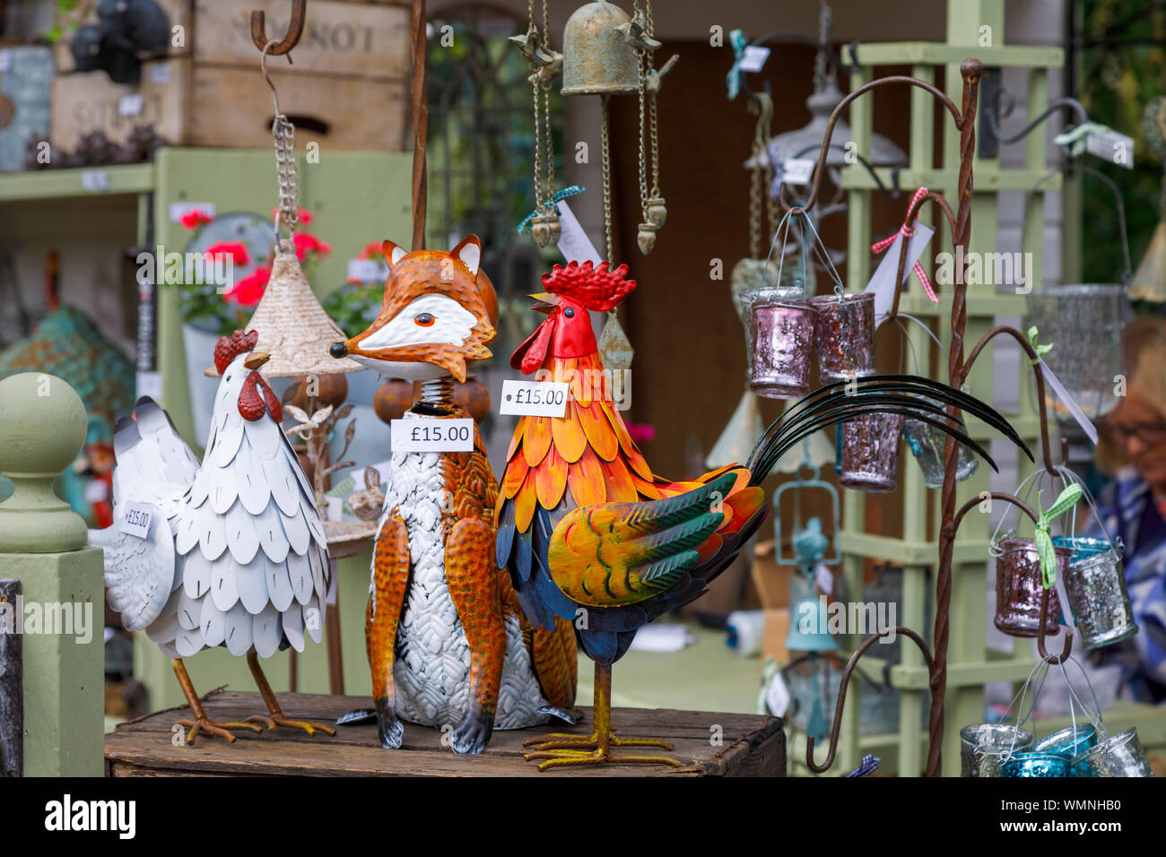 Garden ornaments for sale at a stall at the September 2019 Wisley Garden Flower Show at RHS Garden Wisley, Surrey, south-east England Stock Photo