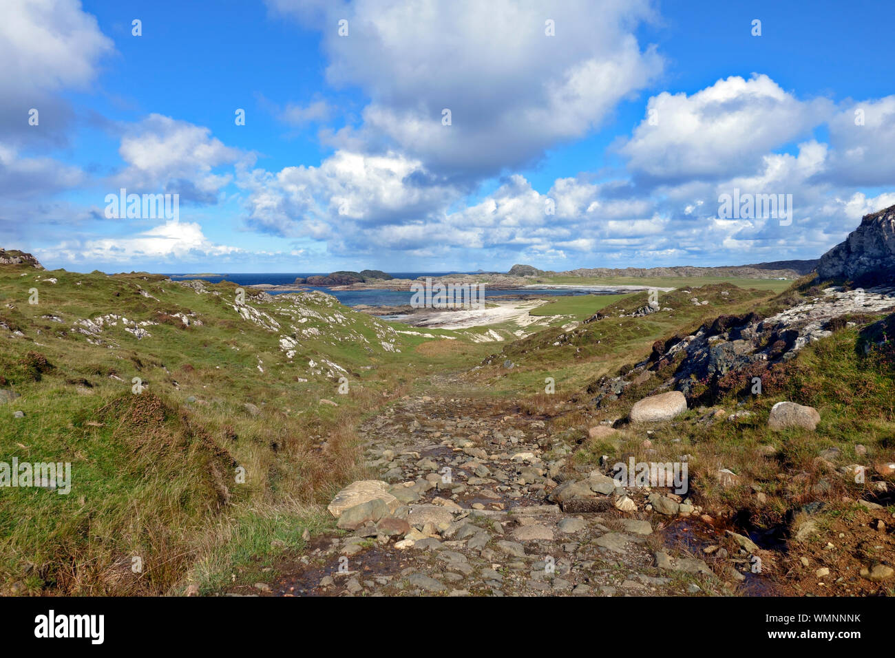 View to Camus Cuil an t-Saimh or Bay at the back of the Ocean on Iona, Inner Hebrides, Scotland. It's called this as the next stop is North America. Stock Photo