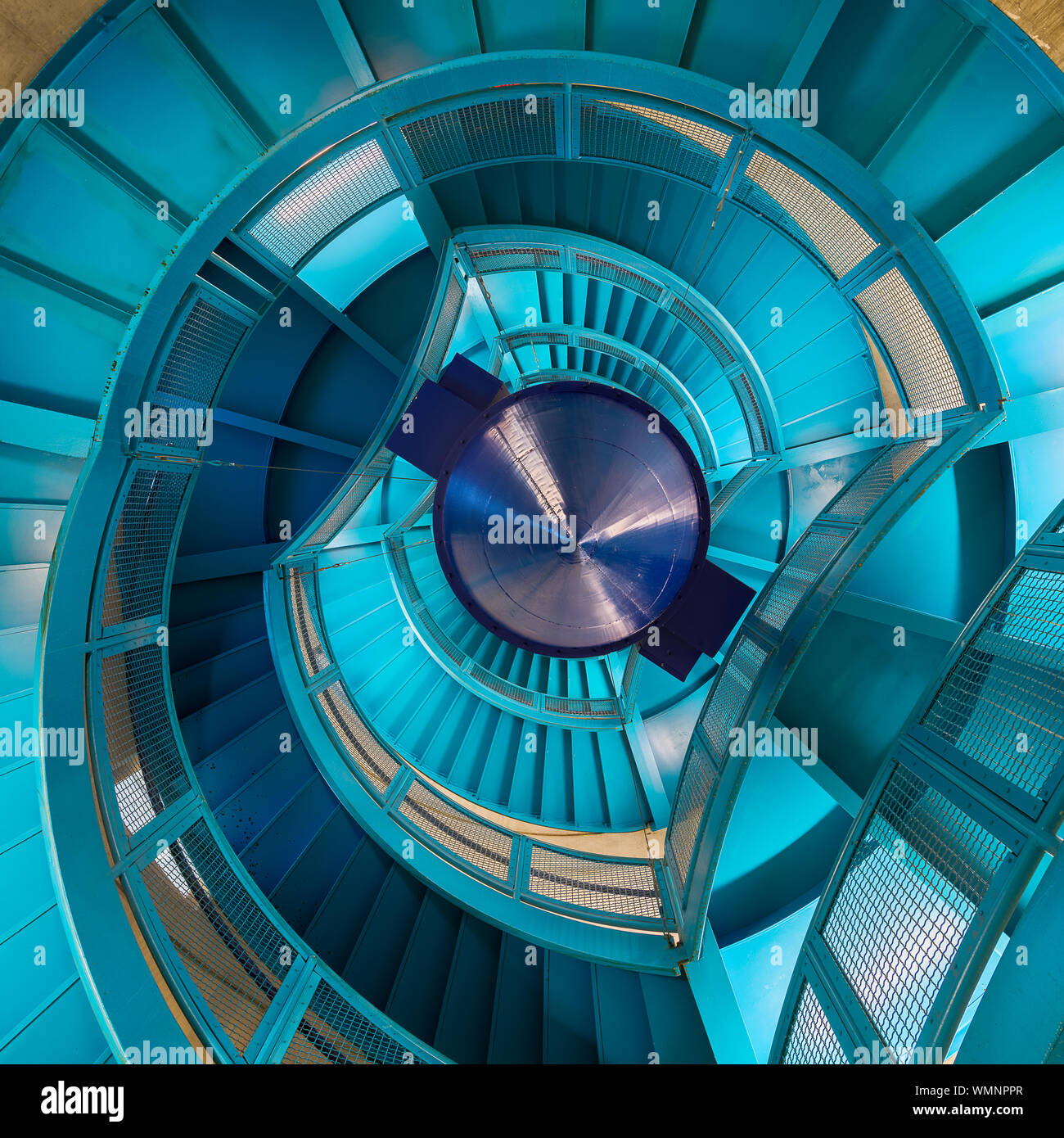 Colorful blue spiral staircase inside the Louis Stokes Wing of the