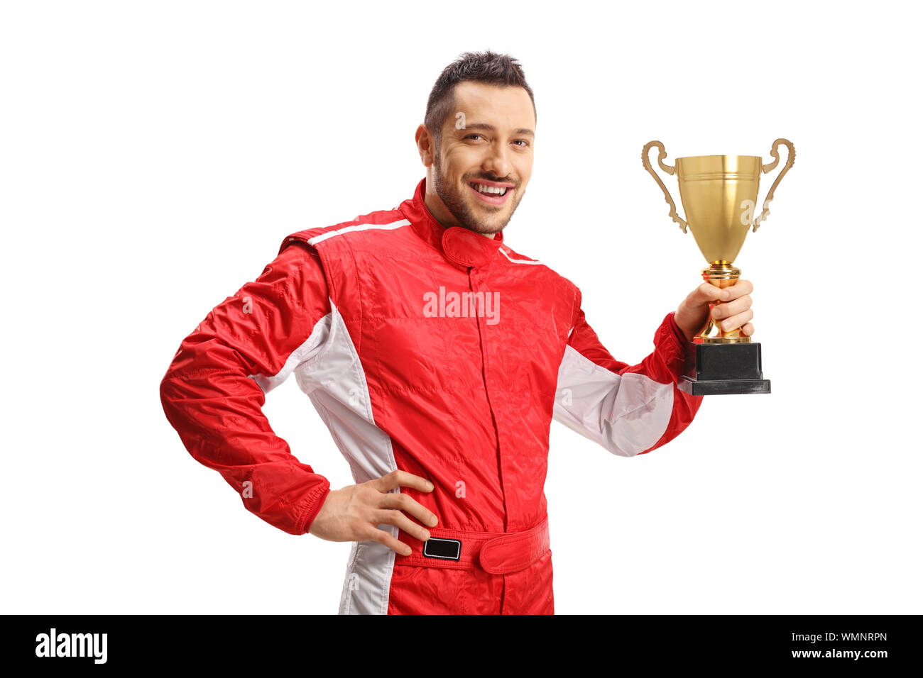 Formula champion holding a gold trophy cup isolated on white background Stock Photo