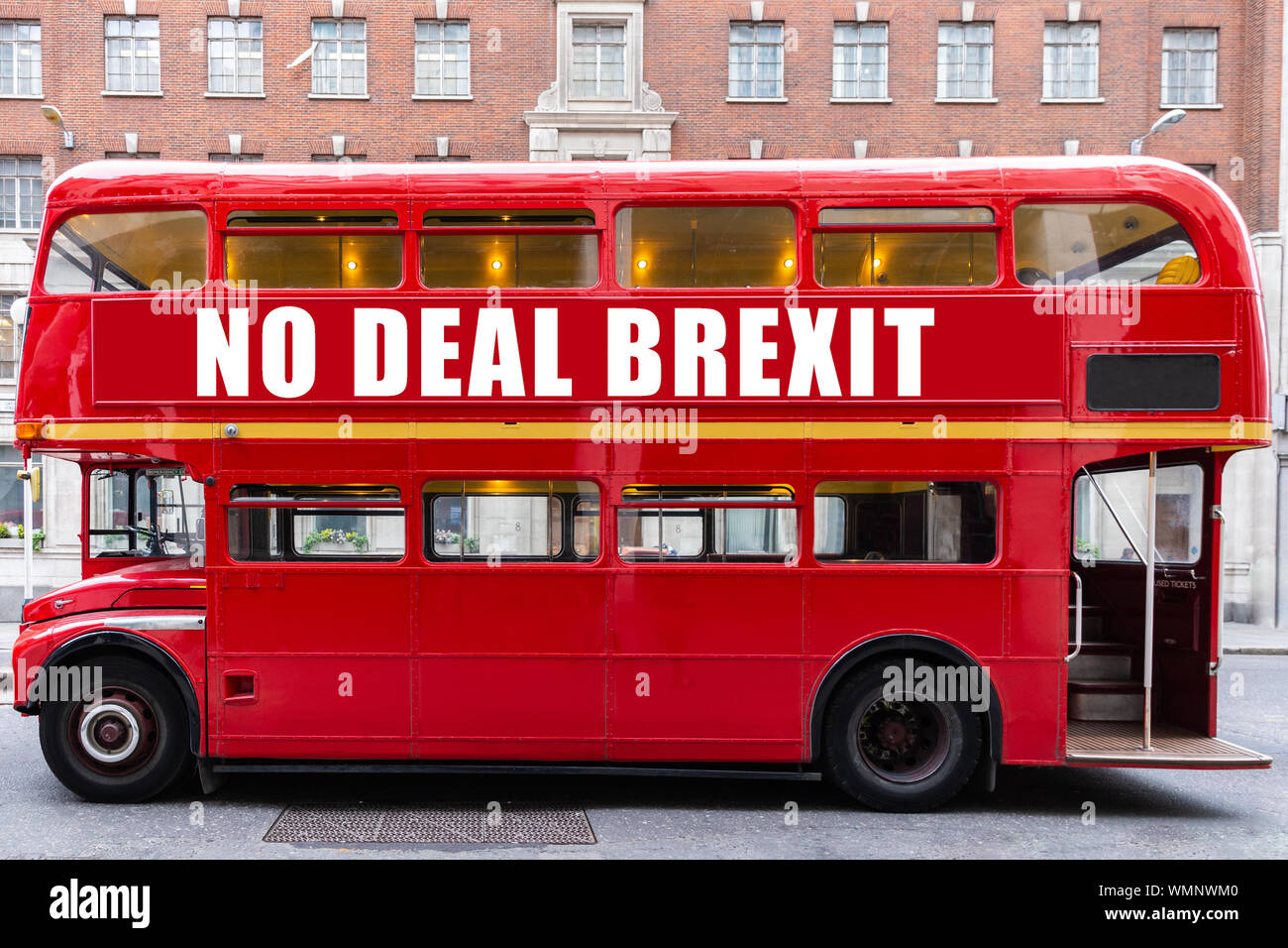 Old traditional london bus with 'no deal brexit' message on the side of the red bus Stock Photo