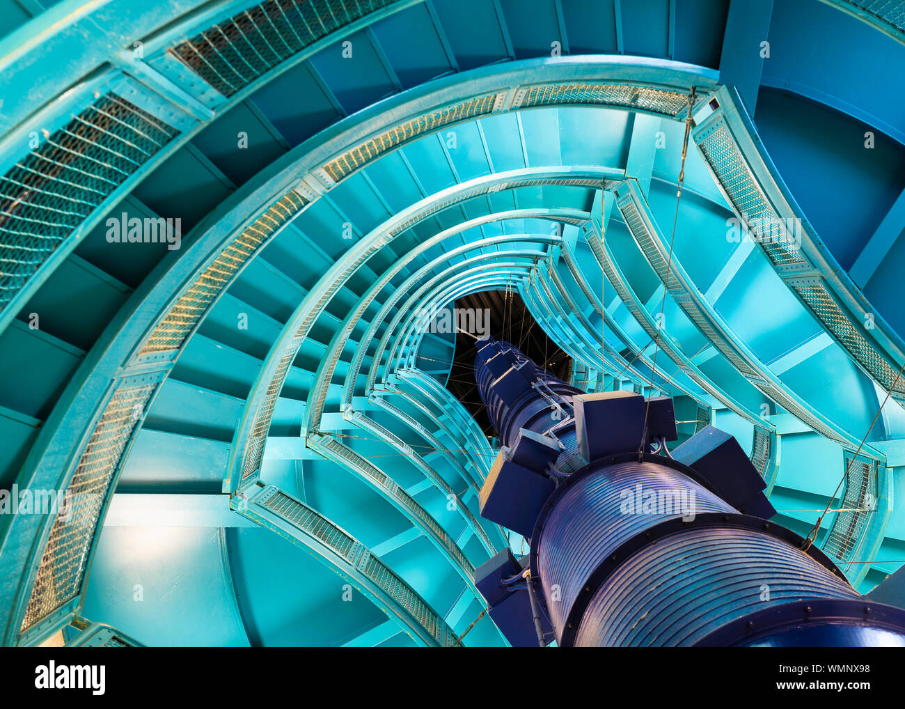 Colorful blue spiral staircase inside the Louis Stokes Wing of the