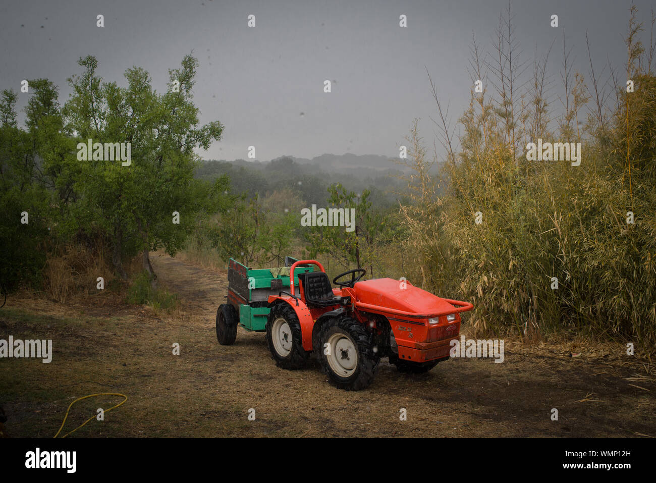 Tractor under rain in the interior of Sardinia, Italy. Stock Photo