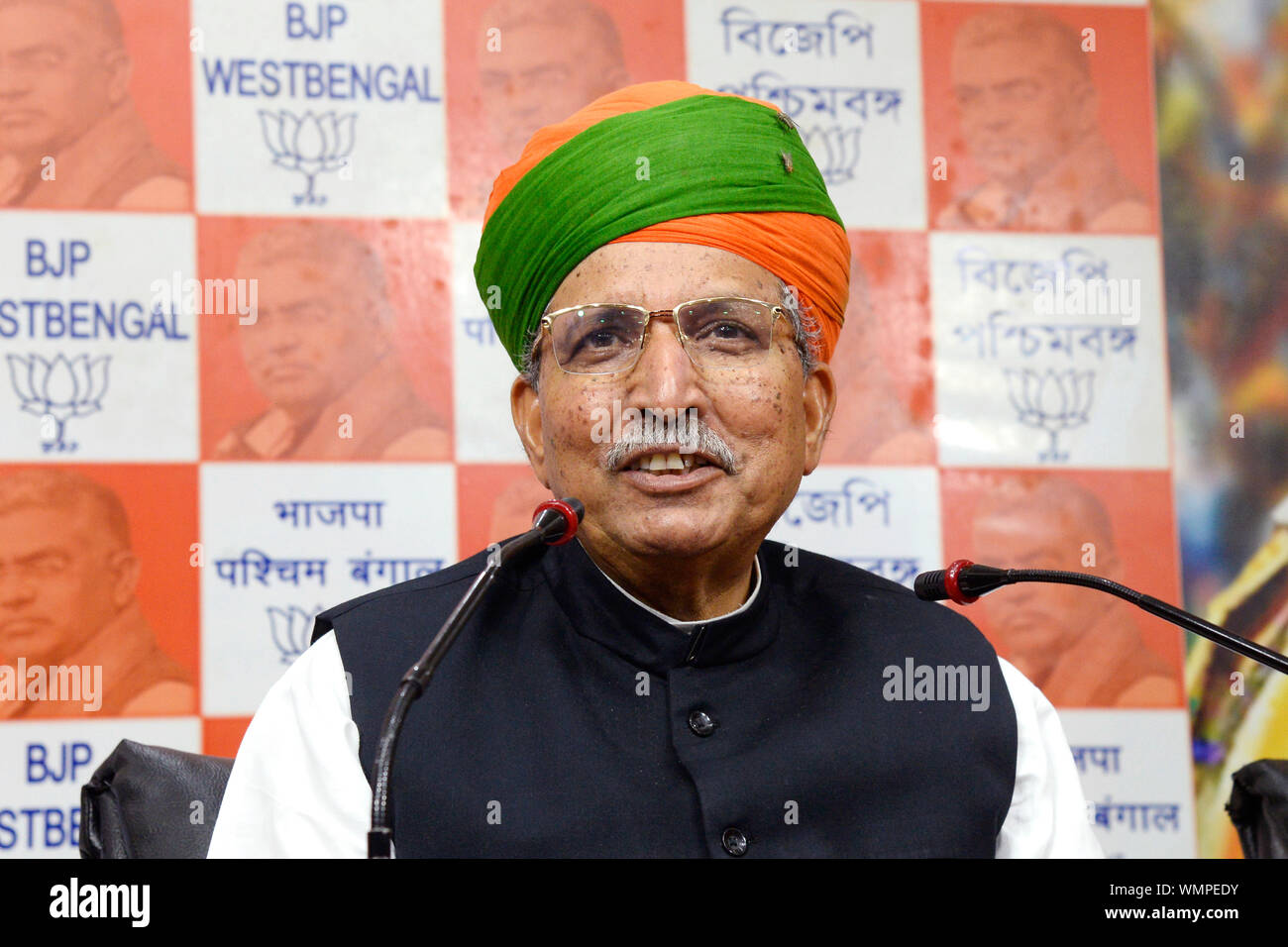 Kolkata, India. 05th Sep, 2019. Minister of state for Heavy Industries and Public Enterprise Arjun Ram Meghwal addresses a press conference at BJP head quarter. (Photo by Saikat Paul/Pacific Press) Credit: Pacific Press Agency/Alamy Live News Stock Photo