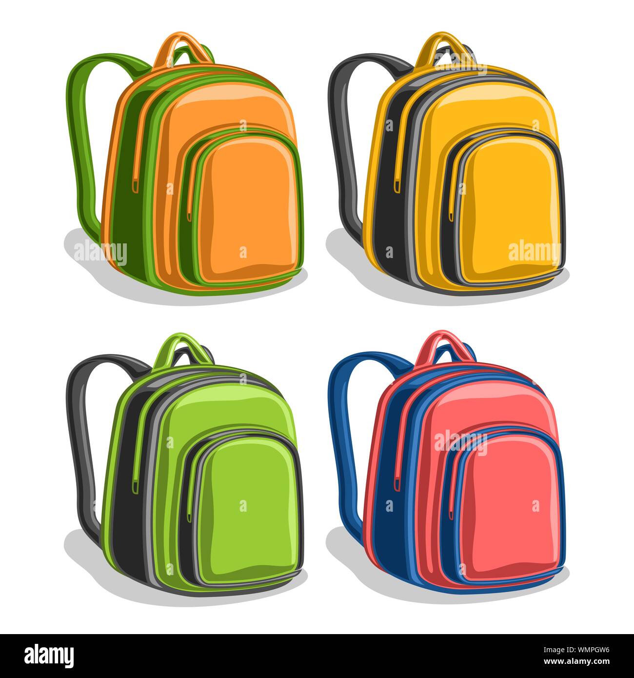 Vector set of colorful school Backpacks isolated on white. Stock Vector